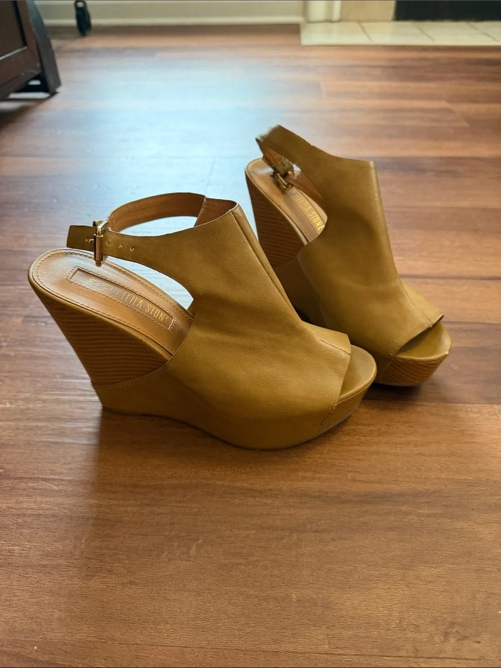 Leila Stone Mustard Tan Peep-Toe Wedge Sandals